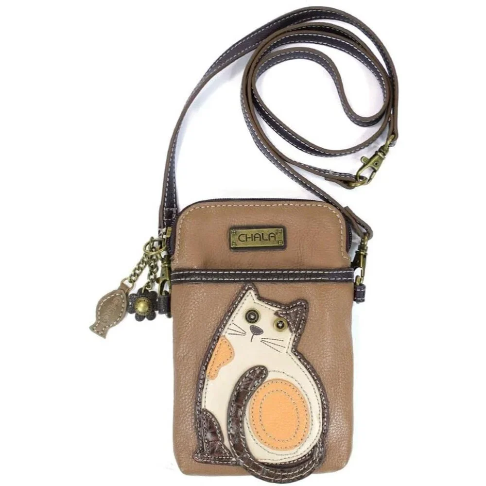 Cat Collection Brown PU Leather Canvas Multicolor Crossbody Cell Phone Purse wit